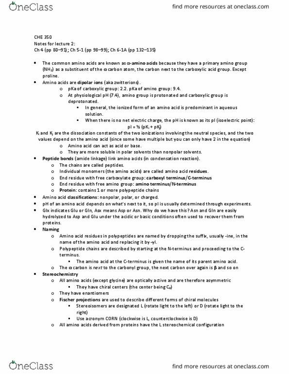 CHE 350 Chapter Notes - Chapter 4,5,6: Optical Rotation, Hydrophile, Glutamine thumbnail