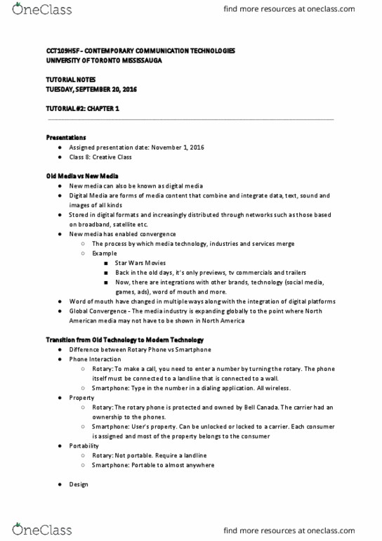 CCT109H5 Lecture Notes - Lecture 1: New Media, Bell Canada, Smartphone thumbnail
