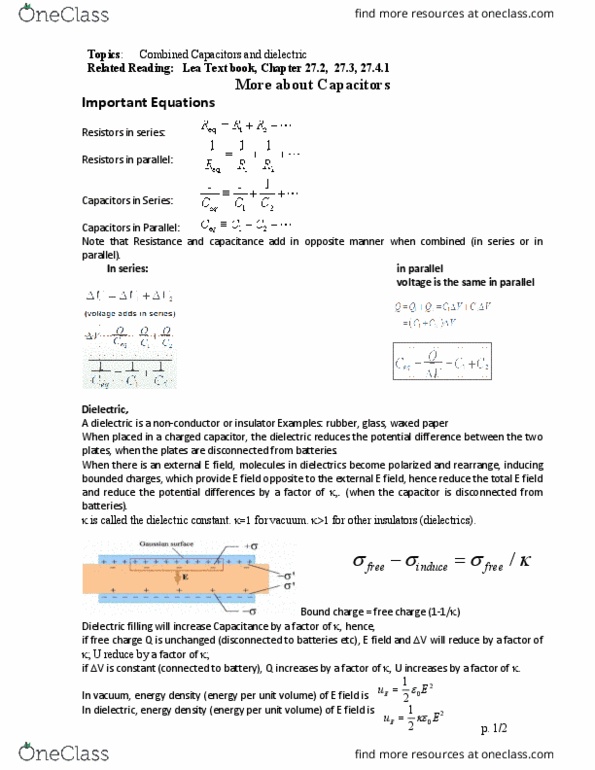 PHYS 230 Lecture Notes - Lecture 3: Energy Density, Relative Permittivity, Wax Paper thumbnail