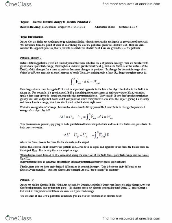 PHYS 230 Lecture Notes - Lecture 8: Test Particle, Electric Potential, Electric Field thumbnail