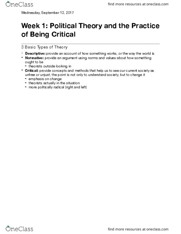 Political Science 2237E Lecture 1: Week 1 - Political Theory and the Practice of Being Critical thumbnail