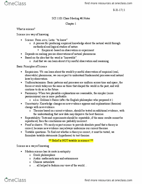 SCI 1101 Lecture Notes - Lecture 6: Inductive Reasoning, Deductive Reasoning, Uniformitarianism thumbnail