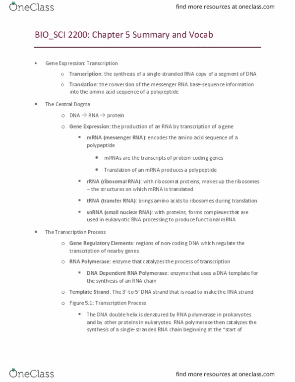 BIO_SC 2200 Chapter Notes - Chapter 5: Transcription Factor Ii F, Tetrahymena, Exon thumbnail