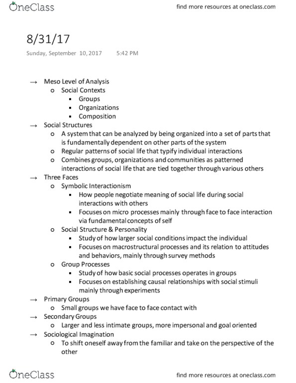 SOCY 230 Lecture Notes - Lecture 2: Ethnomethodology, Symbolic Interactionism thumbnail