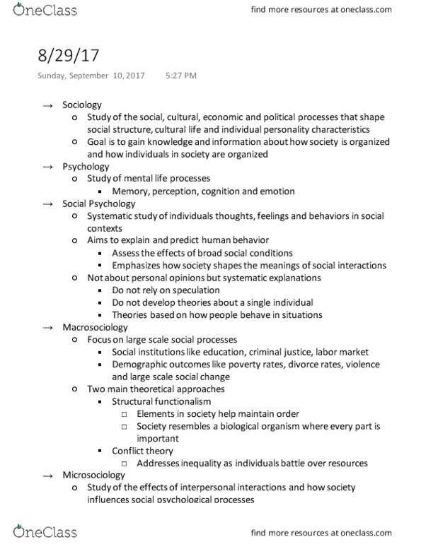 SOCY 230 Lecture Notes - Lecture 1: Microsociology, Conflict Theories, Structural Functionalism thumbnail