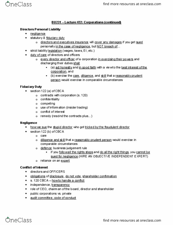 BU231 Lecture Notes - Lecture 22: Derivative Suit, Oppression Remedy, Financial Statement thumbnail