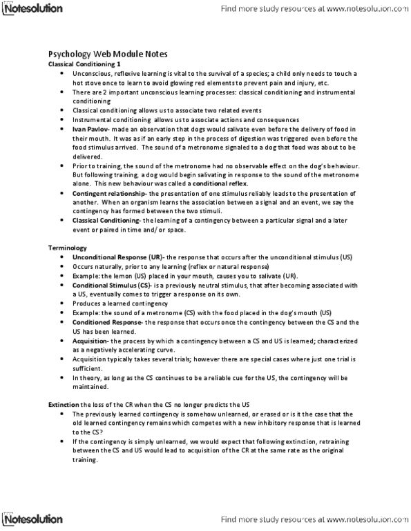 PSYCH 1X03 Lecture Notes - Classical Conditioning thumbnail