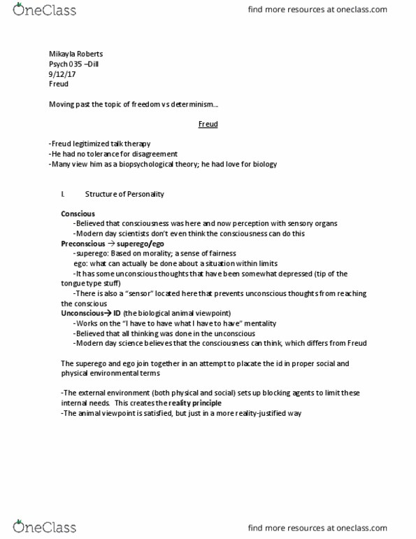 PSY 035 Lecture Notes - Lecture 1: Oral Stage, Fuero, Repressed Memory thumbnail