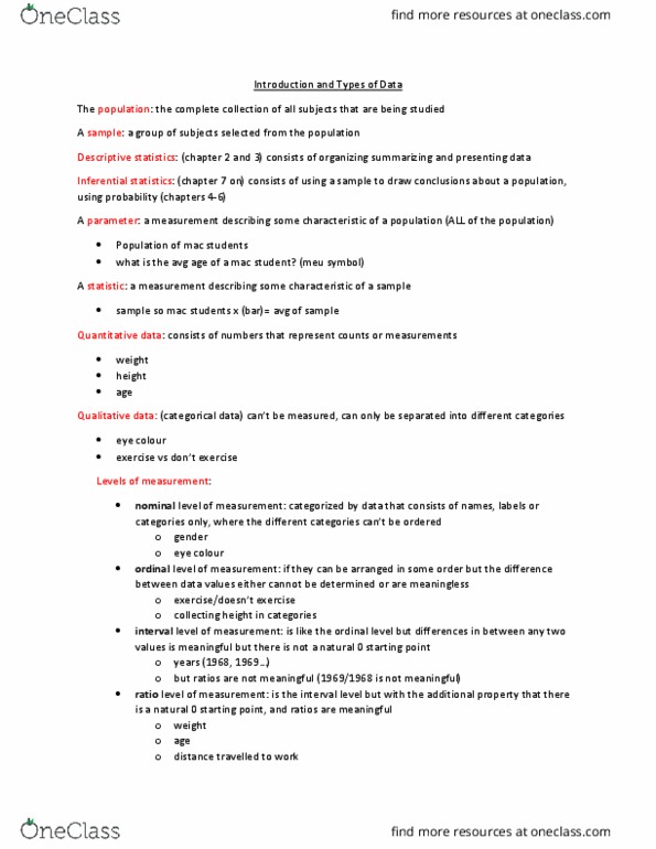 STATS 2B03 Lecture Notes - Lecture 1: Statistical Inference, Categorical Variable, Qualitative Property thumbnail