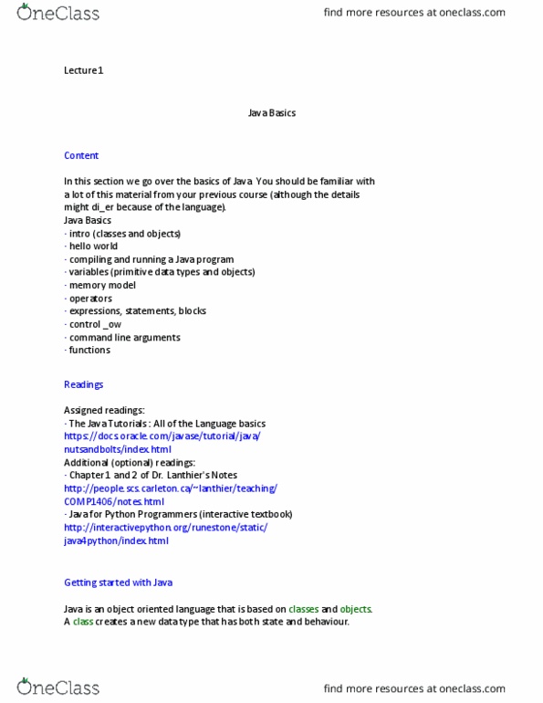 COMP 1406 Lecture Notes - Lecture 1: Javac, Java Bytecode, Object-Oriented Programming thumbnail
