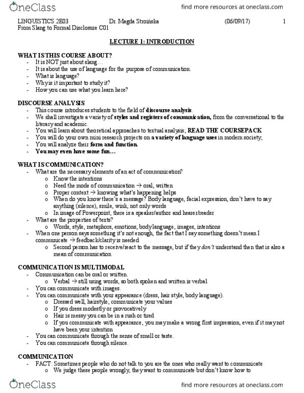 LINGUIST 2E03 Lecture Notes - Lecture 1: Discourse Analysis, Body Language thumbnail