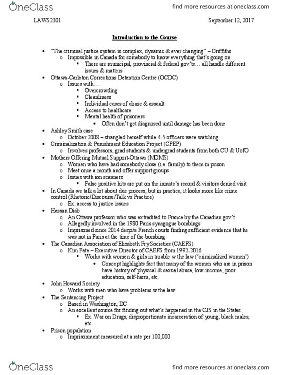 LAWS 2301 Lecture Notes - Lecture 1: Sentencing Project, Elizabeth Fry thumbnail
