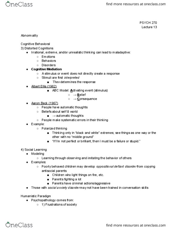 PSYCH 270 Lecture Notes - Lecture 13: Anxiety Disorder, Social Anxiety Disorder, Oppositional Defiant Disorder thumbnail