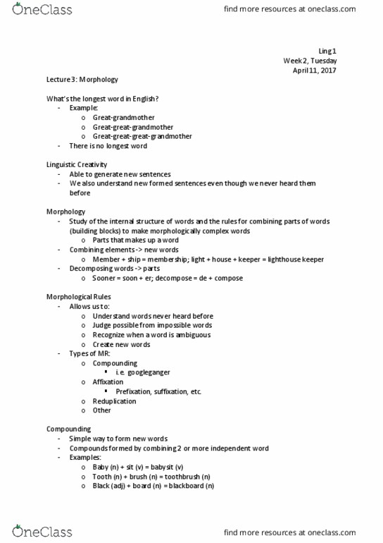 LING 132 Lecture Notes - Lecture 3: Syntactic Category, Part Of Speech, Lighthouse Keeper thumbnail