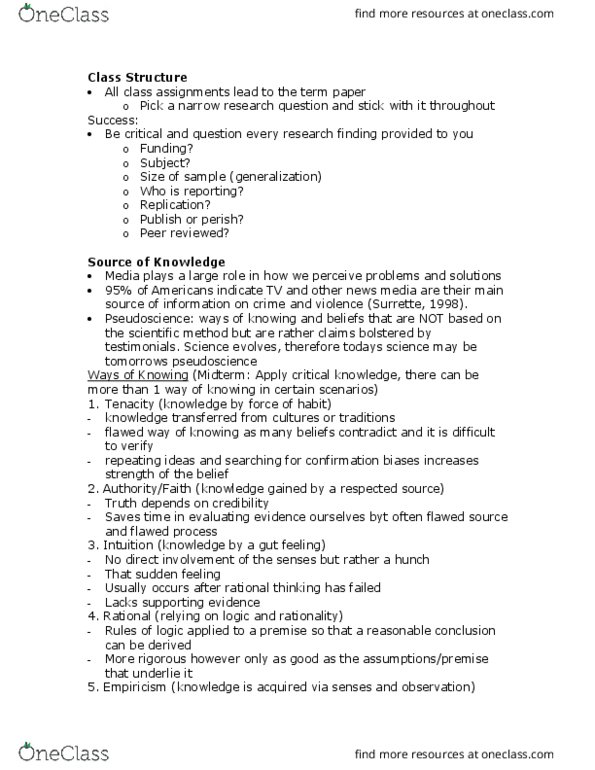 CRCJ 3001 Lecture Notes - Lecture 1: Empiricism, Pseudoscience, Main Source thumbnail