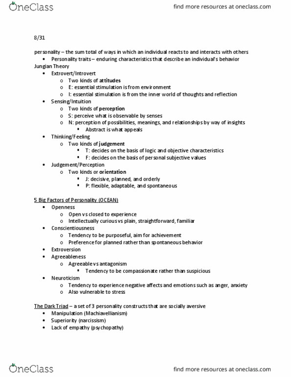 BUSORG 1020 Lecture Notes - Lecture 2: Machiavellianism, Neuroticism, Psychopathy thumbnail