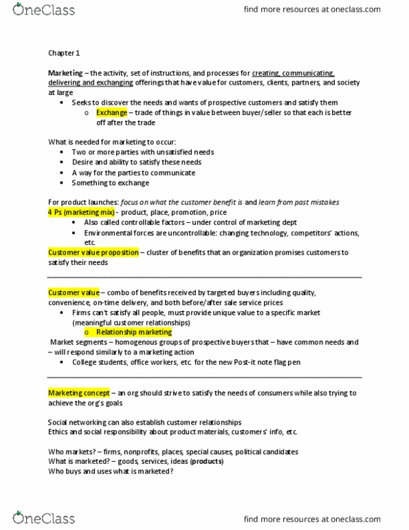 BUSMKT 1040 Chapter Notes - Chapter 1: Relationship Marketing, Customer Relationship Management, Marketing Mix thumbnail