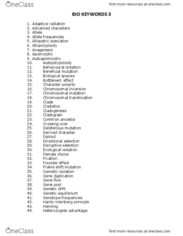 BIO 1130 Lecture Notes - Lecture 3: Monophyly, Paraphyly, Silent Mutation thumbnail