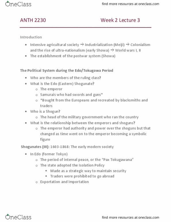 ANTH 2230 Lecture Notes - Lecture 3: Meiji Constitution, Meiji Restoration, Zaibatsu thumbnail