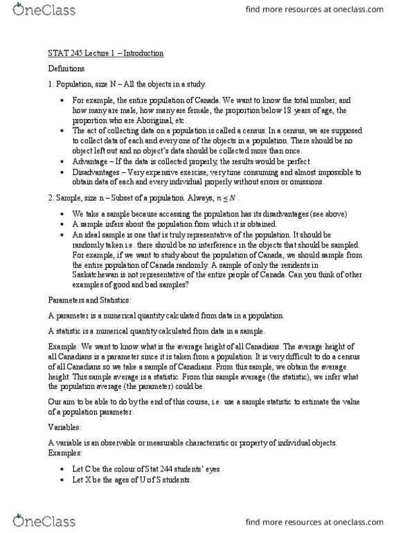 STAT 245 Lecture Notes - Lecture 1: Richter Magnitude Scale, Statistical Parameter, Statistic thumbnail