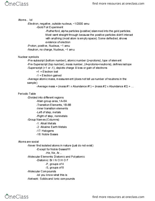 CHEM 131 Lecture Notes - Lecture 1: Unified Atomic Mass Unit, Atomic Number, Nonmetal thumbnail