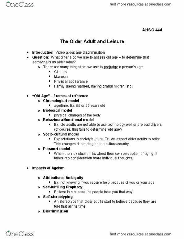 AHSC 444 Lecture Notes - Lecture 2: Disengagement Theory, Activity Theory, Ageism thumbnail