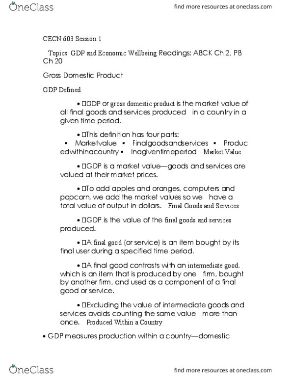 ECN 603 Lecture Notes - Lecture 1: Gross Domestic Product, Final Good, Intermediate Good thumbnail