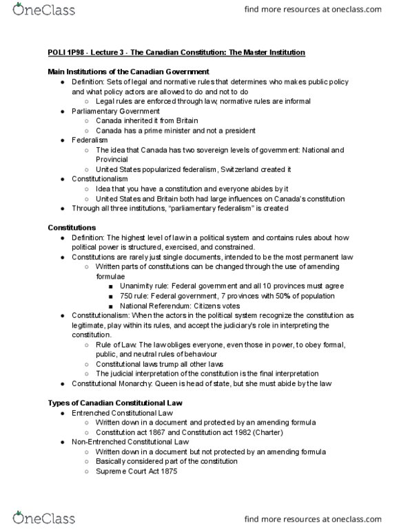 POLI 1P98 Lecture Notes - Lecture 3: Supreme Court Act, Constitutional Law, Constitutionalism thumbnail