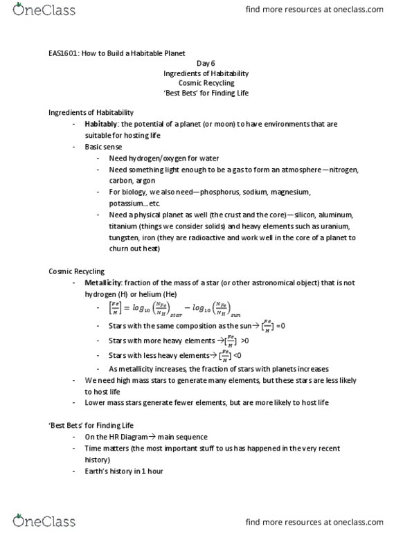 EAS 1601 Lecture Notes - Lecture 6: Drake Equation, Main Sequence, Tungsten thumbnail