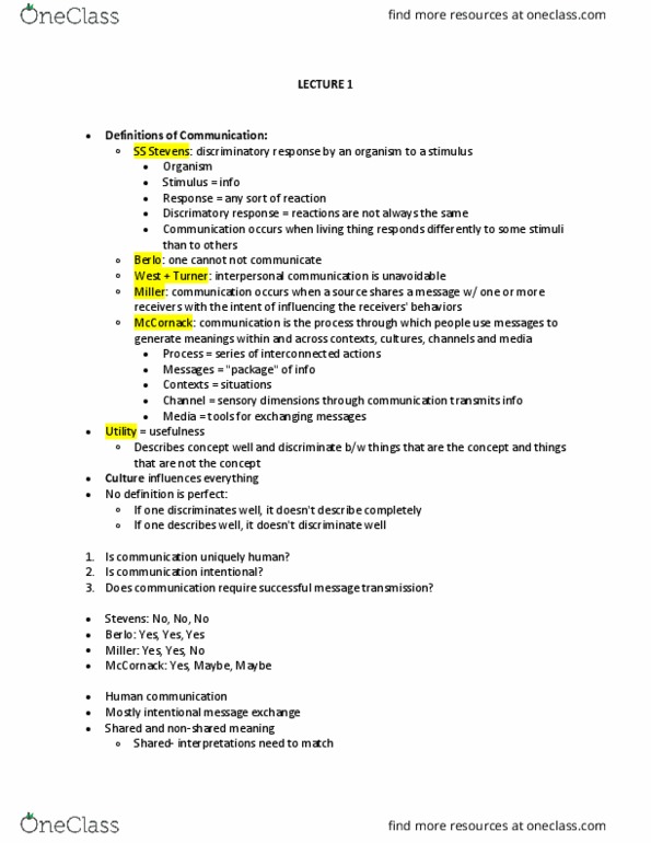 COMM 1500 Lecture Notes - Lecture 1: Human Communication, Interpersonal Communication, Organism thumbnail