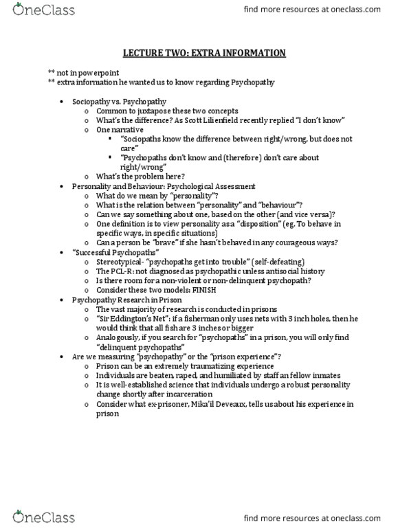 FSC350H5 Lecture Notes - Lecture 2: Psychopathy thumbnail