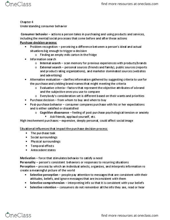 BUSMKT 1040 Chapter Notes - Chapter 4: Brand Loyalty, Selective Perception, Cognitive Dissonance thumbnail