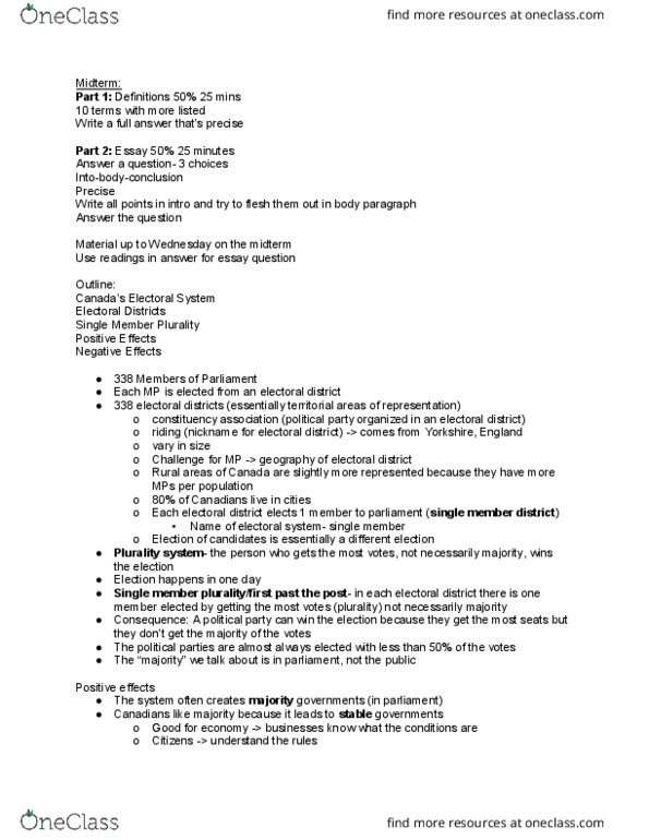 POLI 101 Lecture Notes - Lecture 20: Canada Elections Act, Plurality Voting System, Elections Canada thumbnail