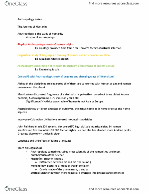 ANTH 100A Lecture Notes - Lecture 1: Human Migration, Carl Linnaeus, Y Chromosome thumbnail