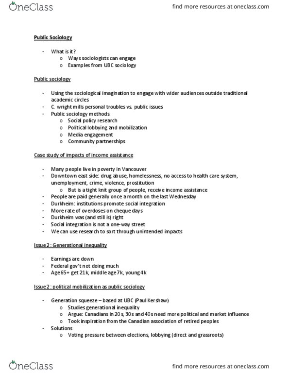 SOCI 102 Lecture Notes - Lecture 10: C. Wright Mills, Public Sociology, Social Integration thumbnail