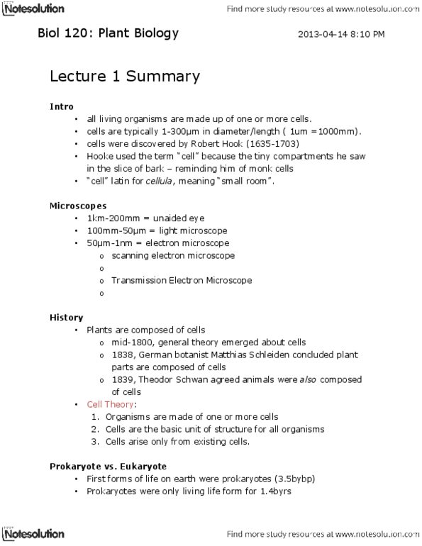 BIOL120 Lecture Notes - Transmission Electron Microscopy, Scanning Electron Microscope, Lynn Margulis thumbnail