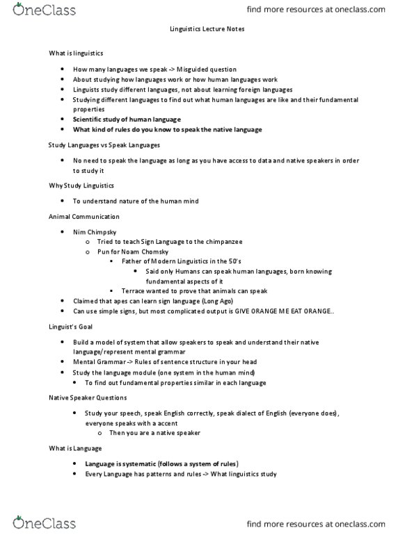 LINA01H3 Lecture Notes - Lecture 1: English Plurals, Linguistic Competence, Nim Chimpsky thumbnail