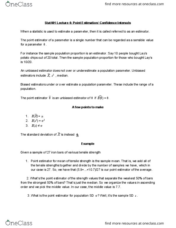 STAT 401 Lecture Notes - Lecture 4: Ultimate Tensile Strength, Standard Deviation, Confidence Interval thumbnail