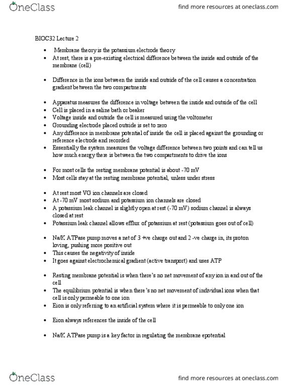 BIOC32H3 Lecture Notes - Lecture 2: Sodium-Potassium Alloy, Tandem Pore Domain Potassium Channel, Active Transport thumbnail