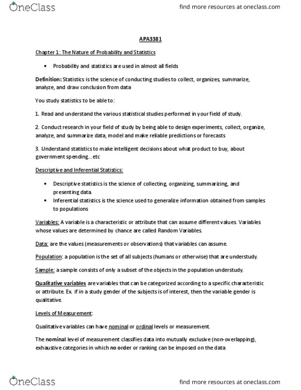 APA 3381 Lecture Notes - Lecture 1: Simple Random Sample, Royal Institute Of Technology, Stratified Sampling thumbnail