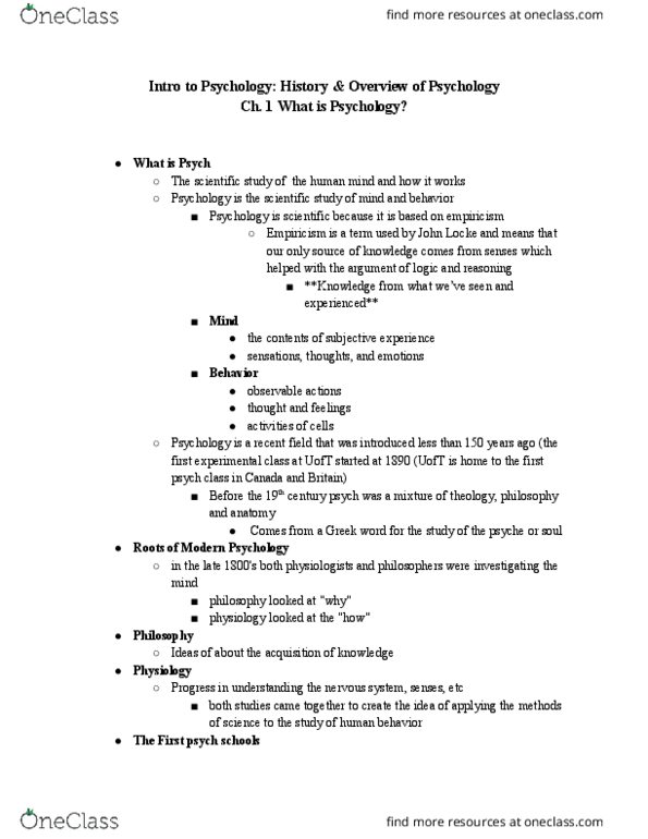 PSY100H1 Lecture Notes - Lecture 1: Wilhelm Wundt, Experimental Psychology, Psychoanalytic Theory thumbnail