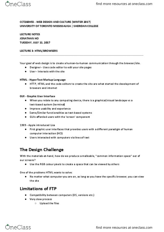 CCT260H5 Lecture Notes - Lecture 3: Human Computer, Hypertext, Graphical User Interface thumbnail