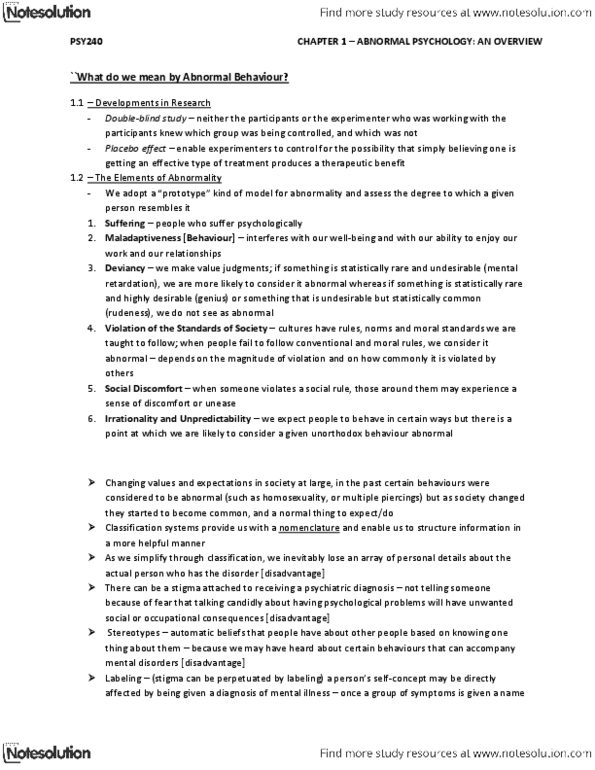 PSY240H5 Chapter Notes - Chapter 1: National Comorbidity Survey, Mental Health Professional, Clinical Psychology thumbnail