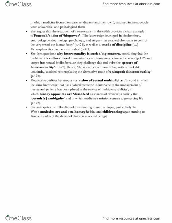 ANTHRO 128B Chapter Notes - Chapter 2: Somatosensory System, Biopower, Intersex thumbnail