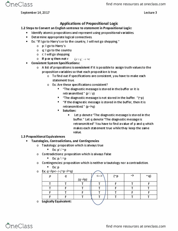 MATH 1019 Lecture 3: Applications of Propositional Logic and Propositional Equilences thumbnail