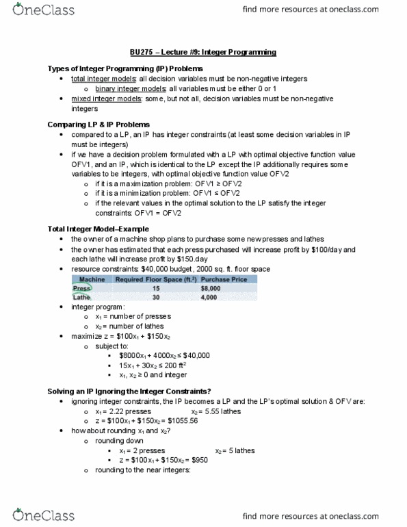 BU275 Lecture Notes - Lecture 9: Sensitivity Analysis, Dialog Box, Integer Programming thumbnail