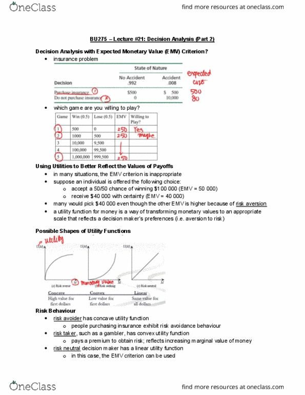 BU275 Lecture Notes - Lecture 21: Exponential Utility, Emv, Decision Analysis thumbnail