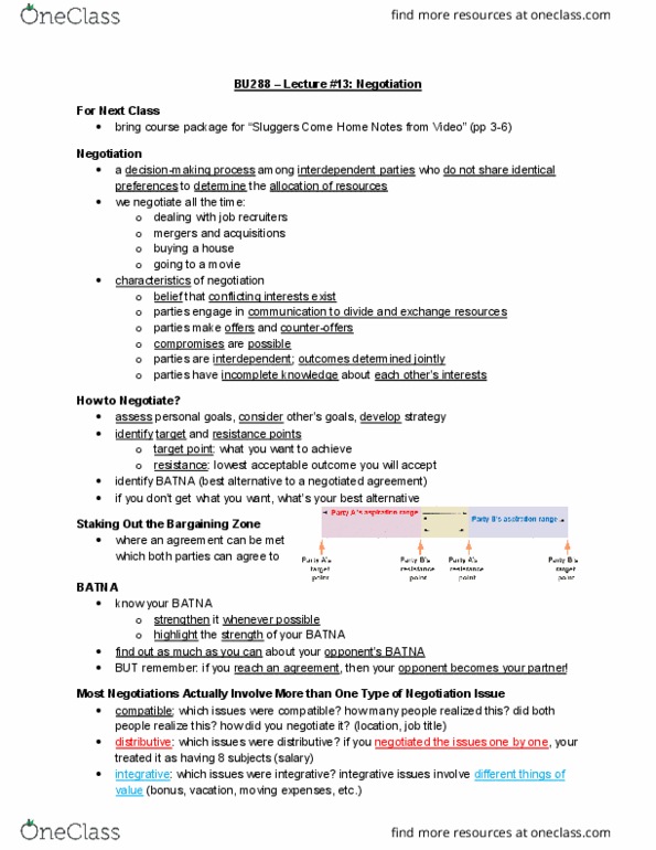 BU288 Lecture Notes - Lecture 13: Escalation Of Commitment, Best Alternative To A Negotiated Agreement, Negotiation thumbnail