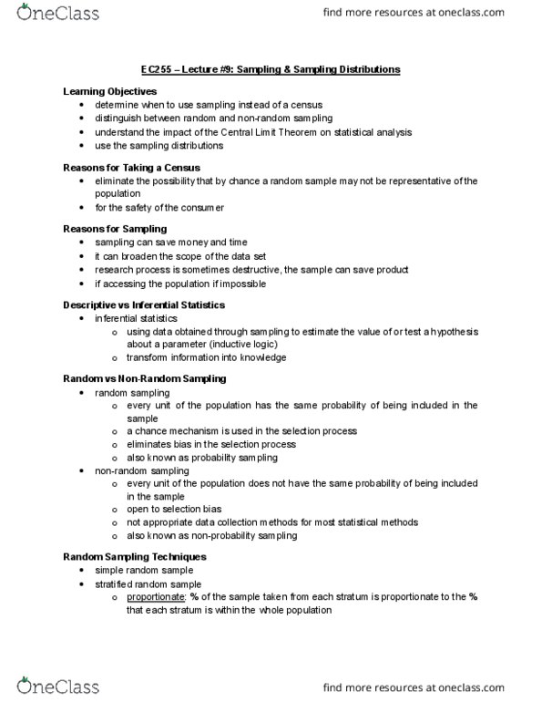 EC255 Lecture Notes - Lecture 9: Standard Deviation, Random Variable, Stratified Sampling thumbnail