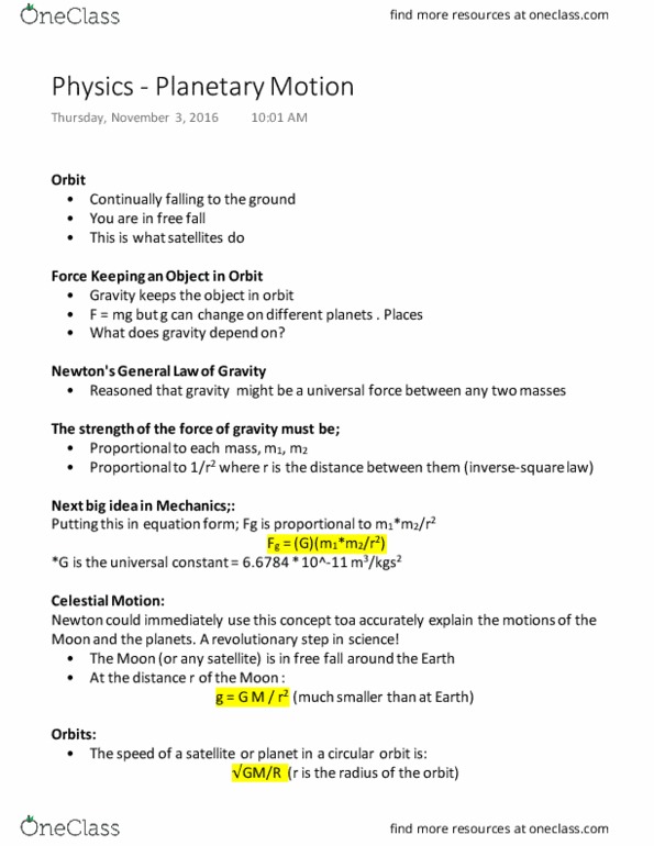 ISCI 1A24 Lecture Notes - Lecture 4: Orbital Period, Ellipse, Inverse-Square Law thumbnail